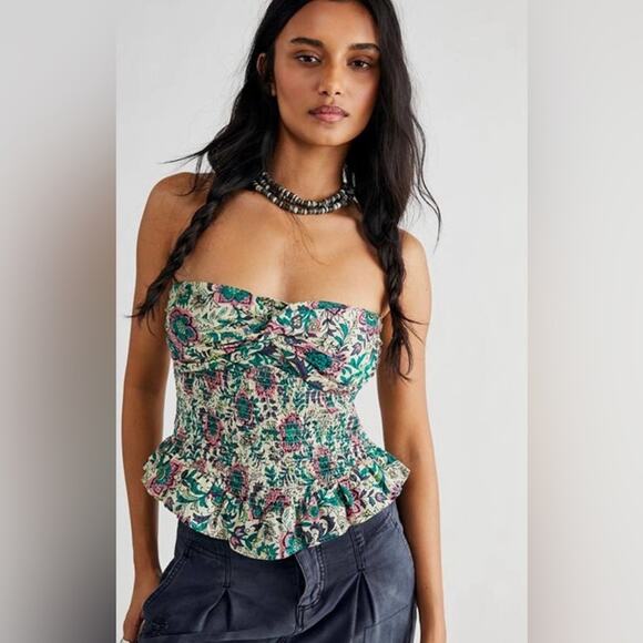 Free People One More Time Tube Top Green Pink Floral Strapless Size Large - Picture 1 of 9